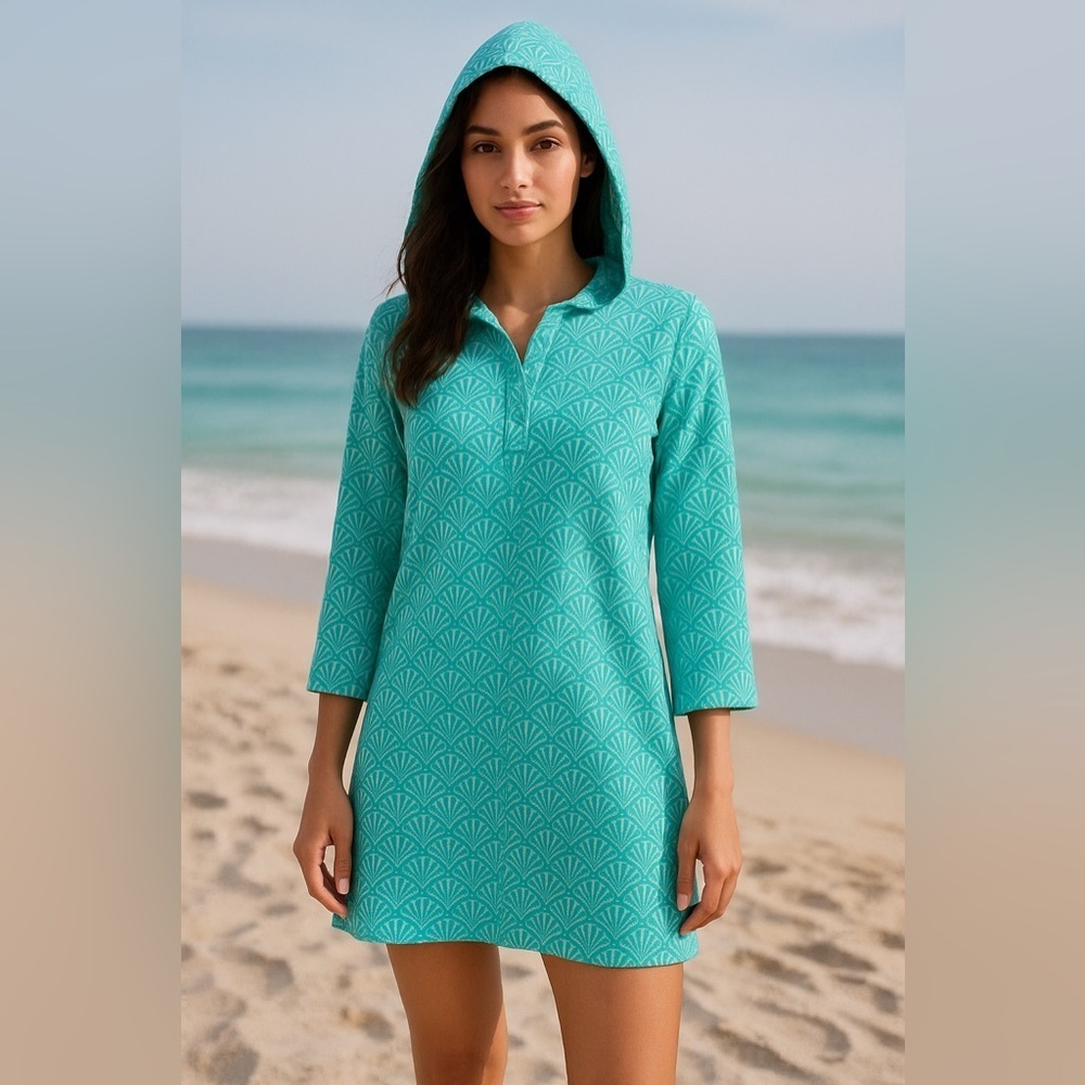 Lands’ End Teal Seashell Hoodie Mini Dress XS – Beach Cover-Up Coastal Nautical
